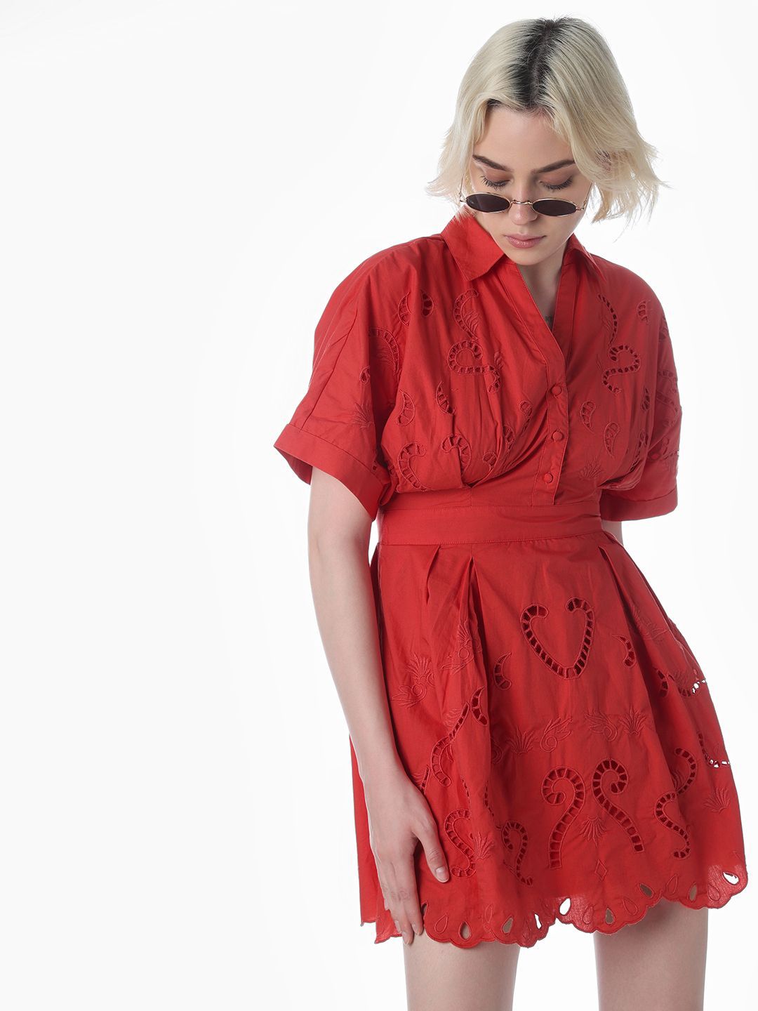 Self Design Shirt Collar Extended Sleeves Cotton Shirt Mini Dress