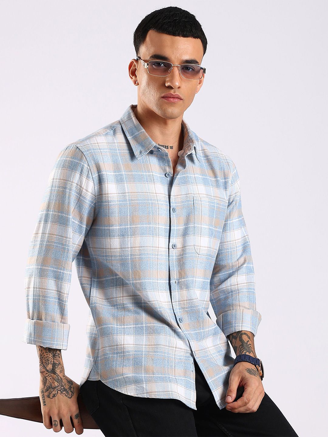 HERE&NOW  Tartan Checked Button-Down Collar Slim Fit Cotton Shirt