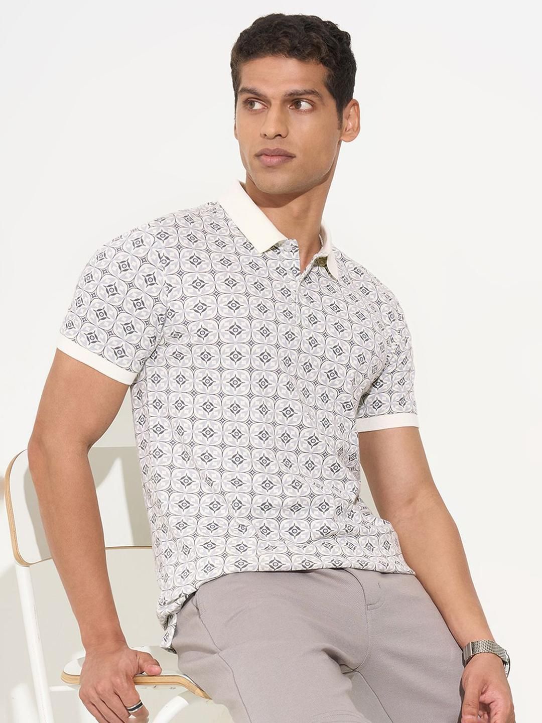 Peregrine by Pantaloons Men Printed Polo Collar Cotton T-shirt