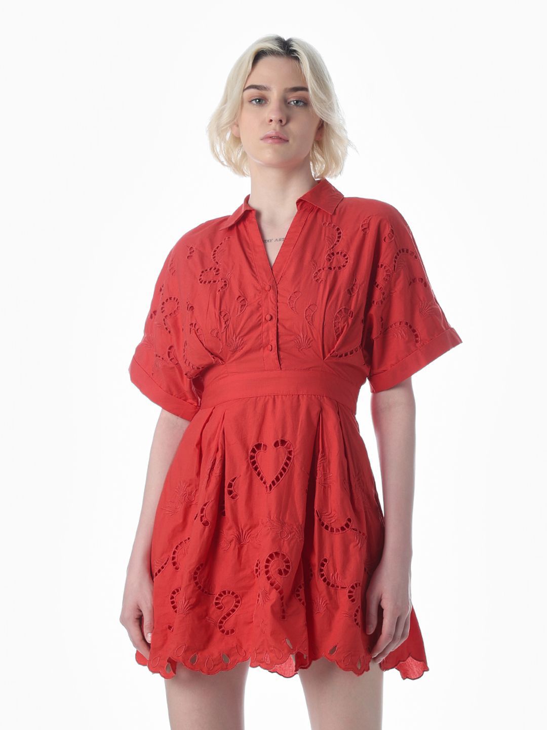 Self Design Shirt Collar Extended Sleeves Cotton Shirt Mini Dress