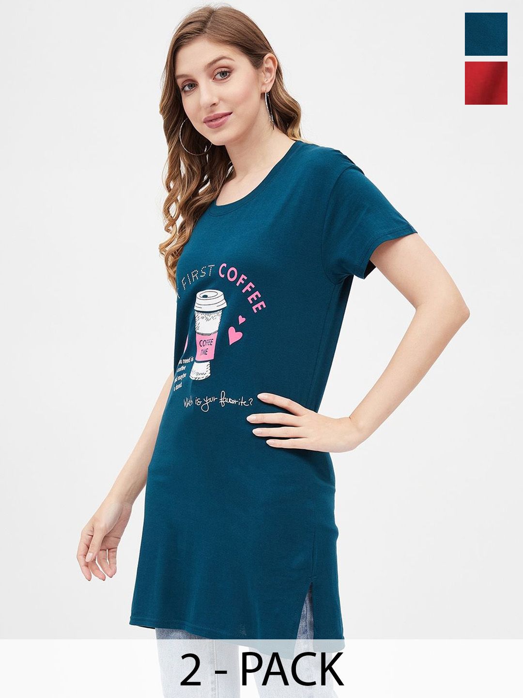 Christy World Women Pack Of 2 Printed Round Neck Long Lounge T-Shirts