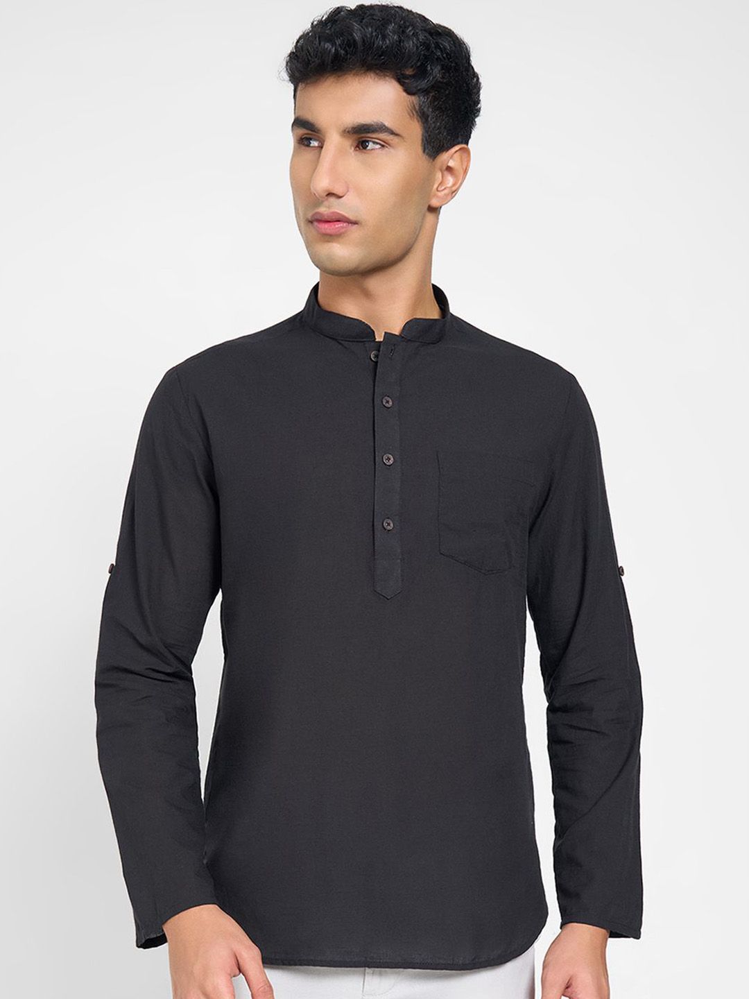 indus route by Pantaloons Mandarin Collar Long Sleeves Pure Cotton Short Kurta