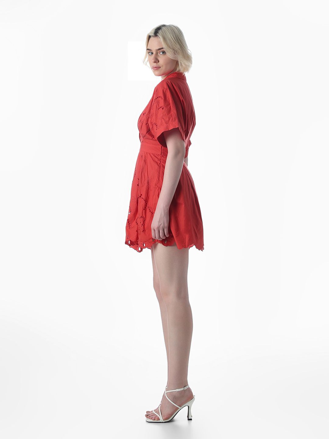 Self Design Shirt Collar Extended Sleeves Cotton Shirt Mini Dress