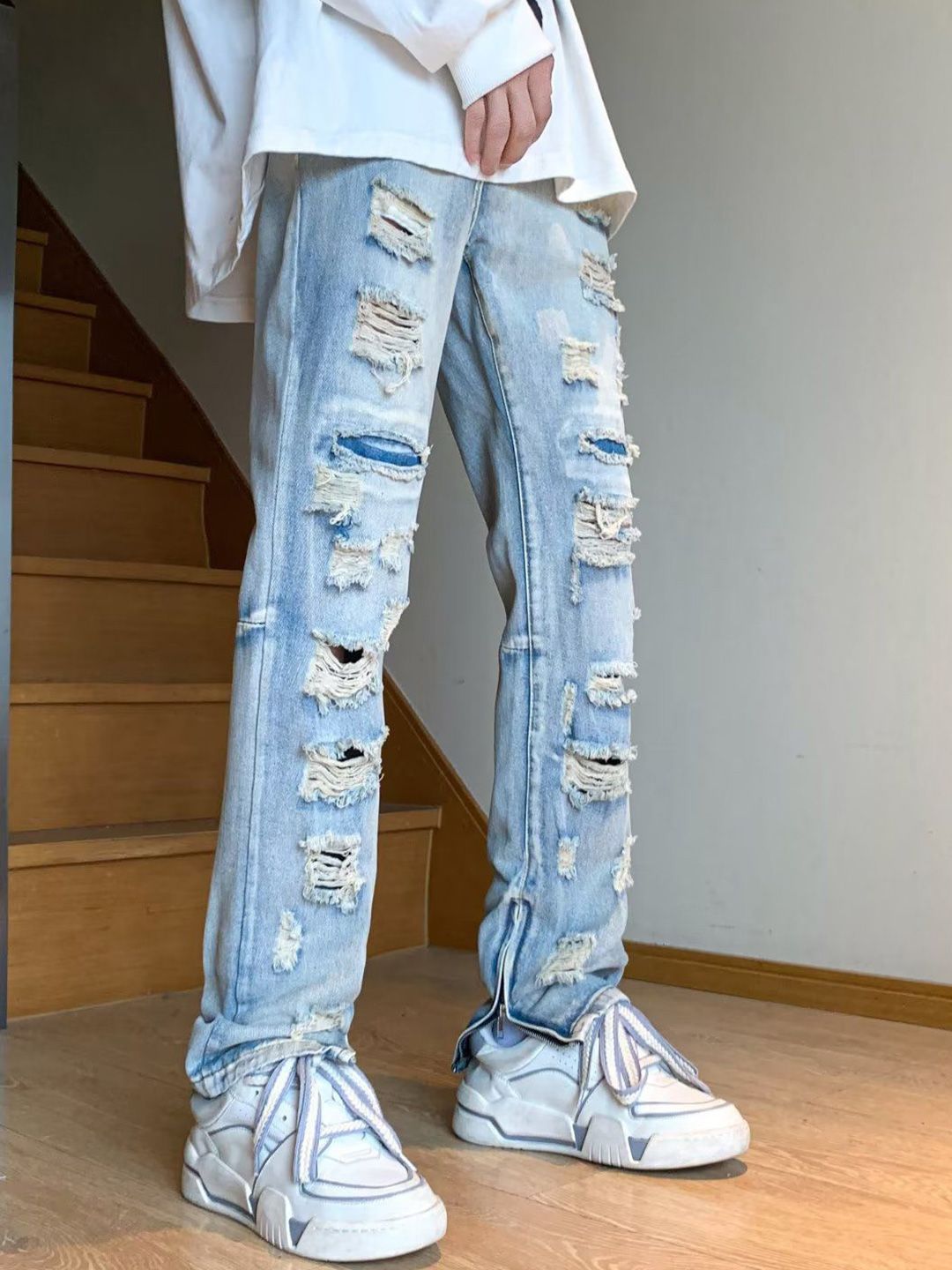 StyleCast x Revolte Men Straight Fit Mid-Rise Highly Distressed Light Fade Jeans