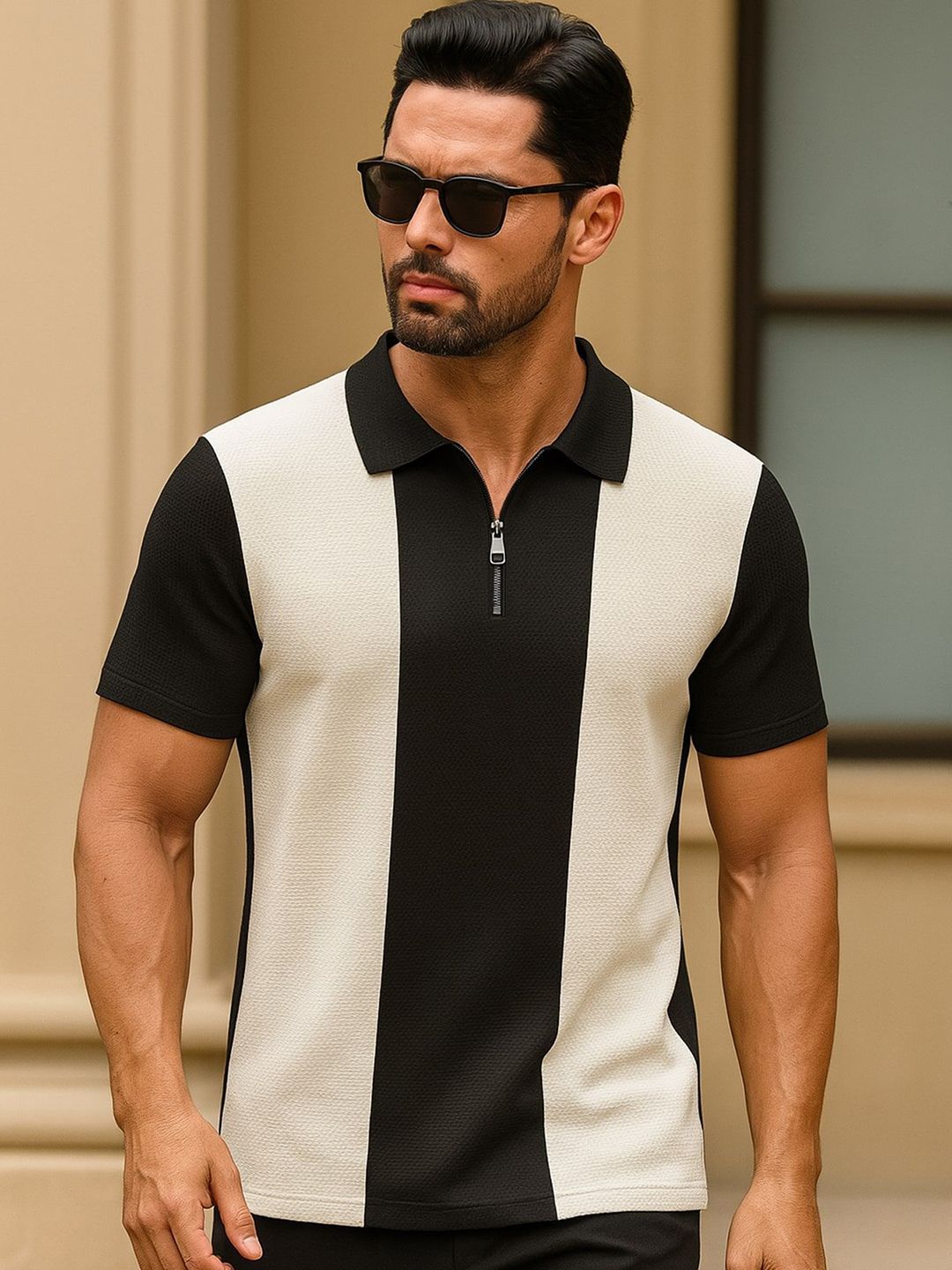 KAJARU Men Striped Colourblocked Polo Collar Zipper T-shirt