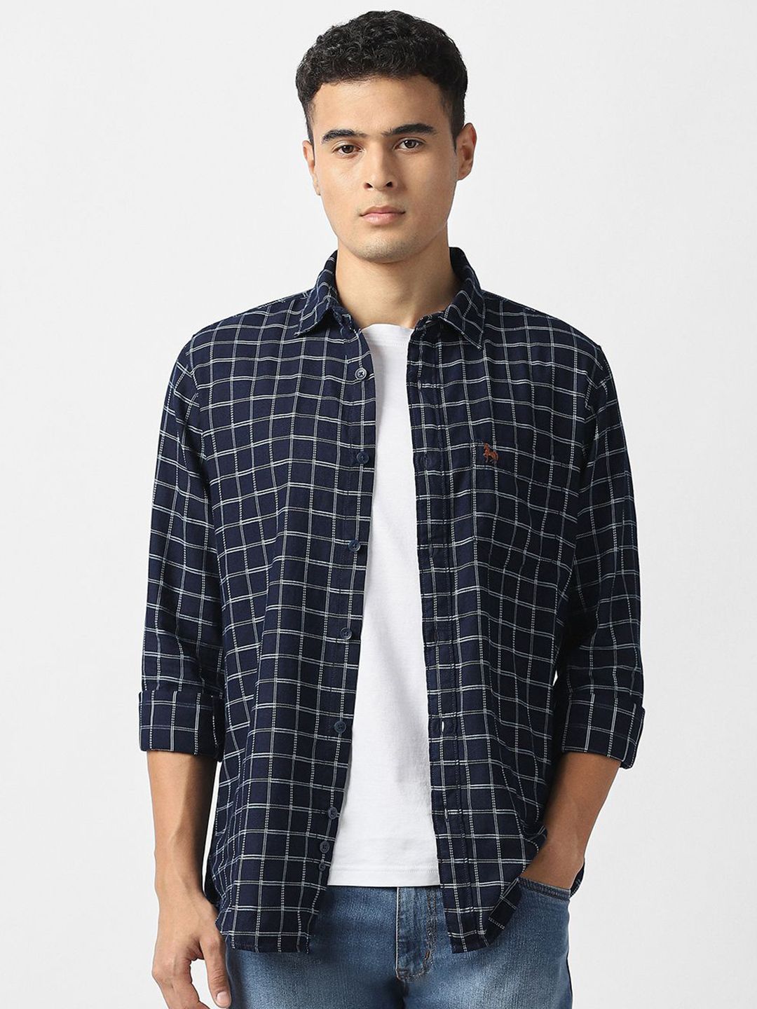 VAN HEUSEN DENIM LABS Slim Fit Grid Tattersall Checks Checked Pure Cotton Opaque Shirt