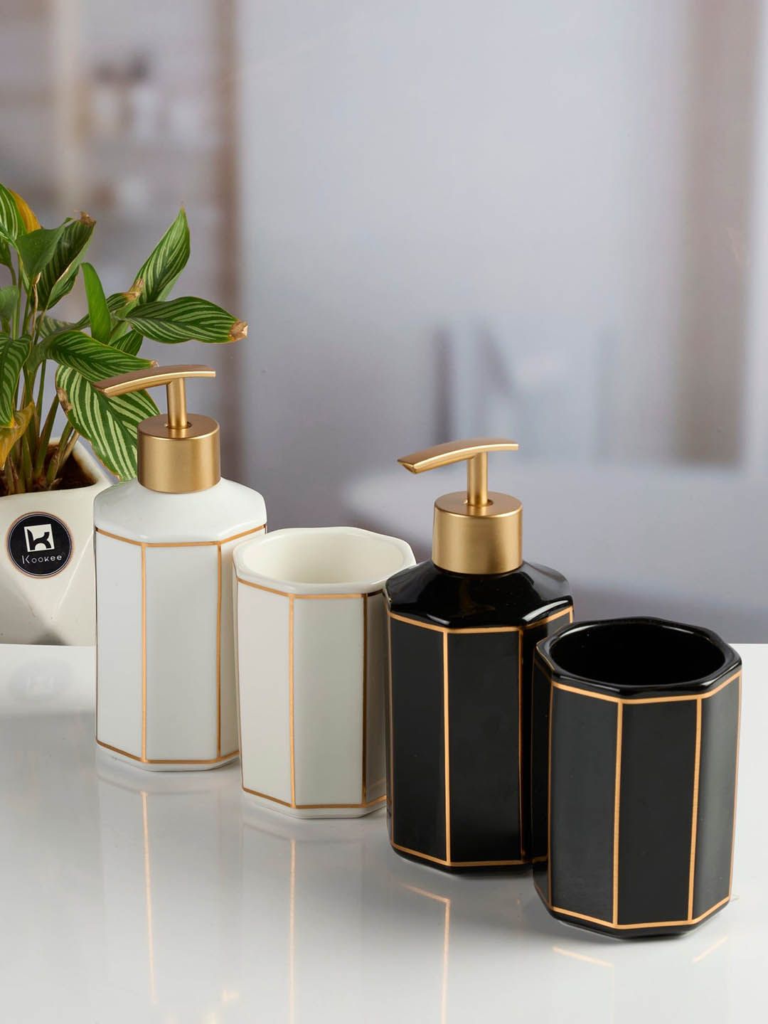 Kookee White & Gold-Toned 2 Pieces Ceramic Bath Accessories Set