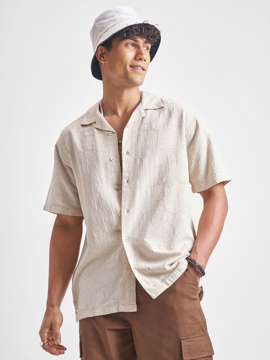 HIGHLANDER HIGHLANDER Jacquard Spread Collar Short Sleeves Relaxed Fit Shirt