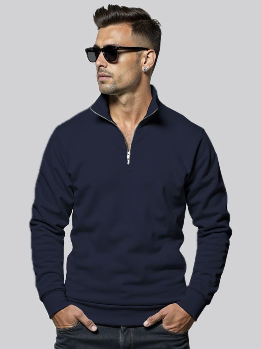 Fashion And Youth Men Half Zipper Ribbed Sweatshirt