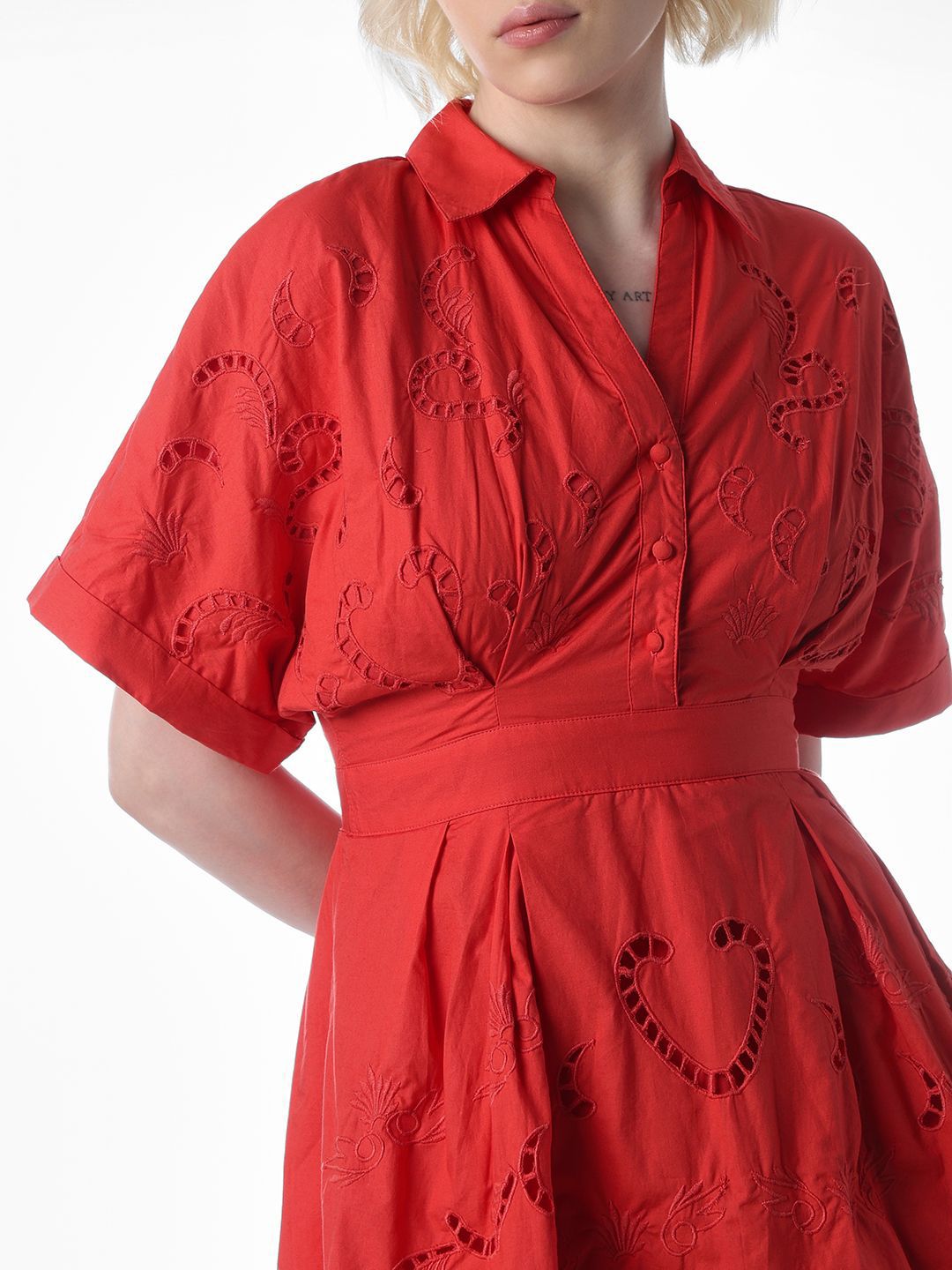 Self Design Shirt Collar Extended Sleeves Cotton Shirt Mini Dress