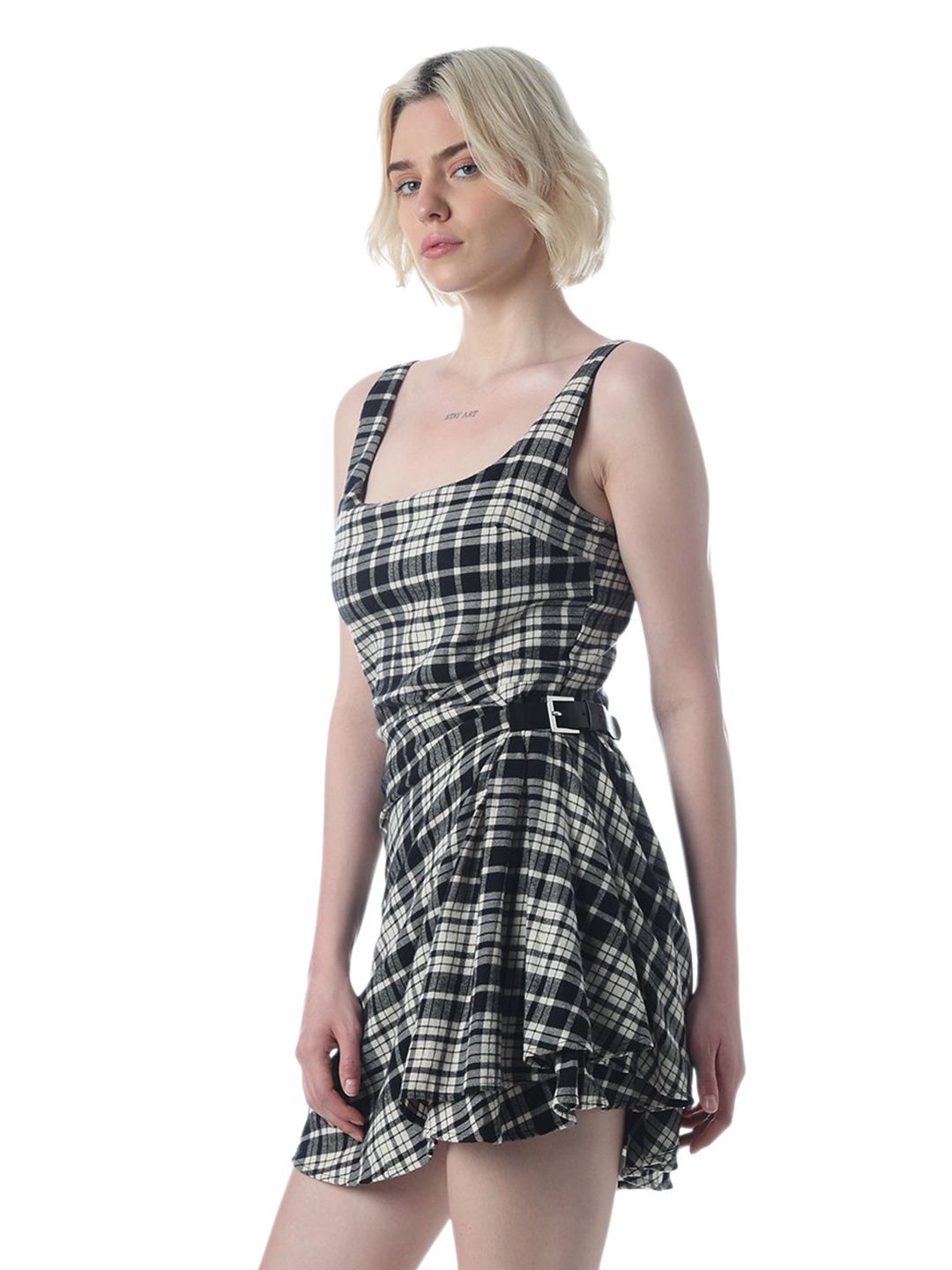 Checked Cotton Fit & Flare Mini Dress