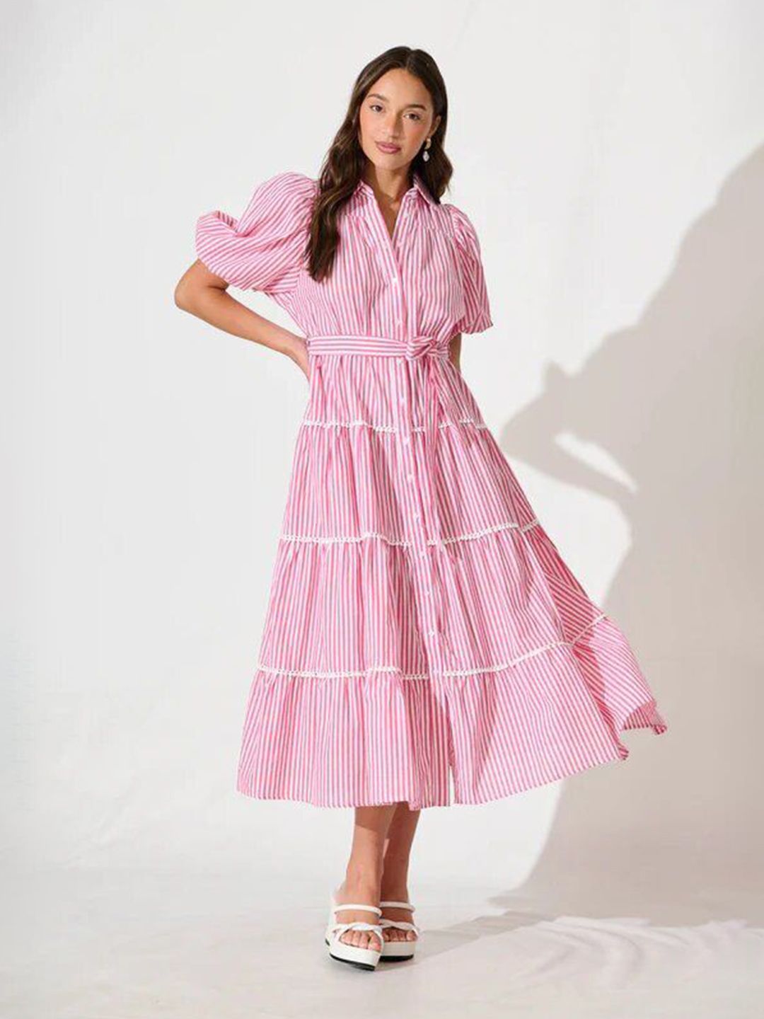 Burgstudio9 Women Striped Shirt Collar Puff Sleeve Tiered Cotton Fit & Flare Dress
