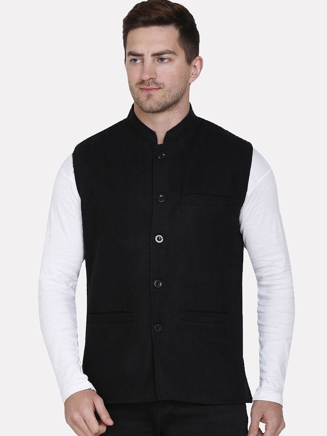 HAUTEMODA Men Stand Collar Solid Open Front Jacket