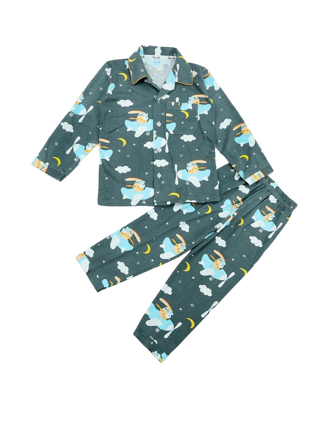 Thelittlebunny Kids Unisex Green Cotton Printed Night Suit