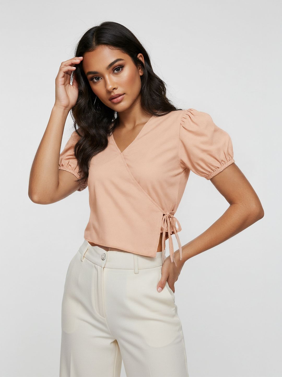 Buy glitchez Puff Sleeves Cotton Tie-Up Wrap Crop Top - Tops for