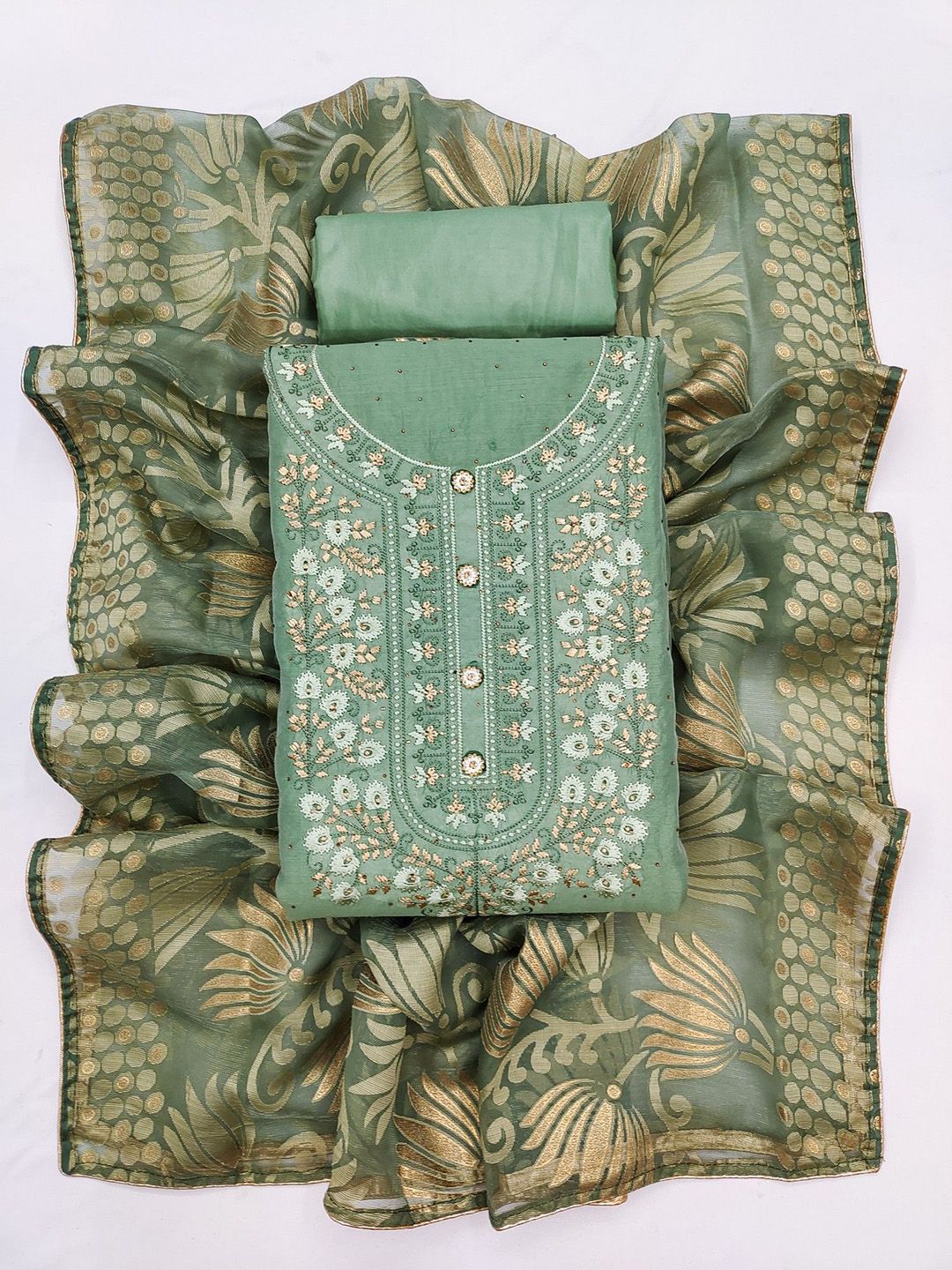 TAVAS Floral Chanderi Embroidered Sequinned Unstitched Dress Material