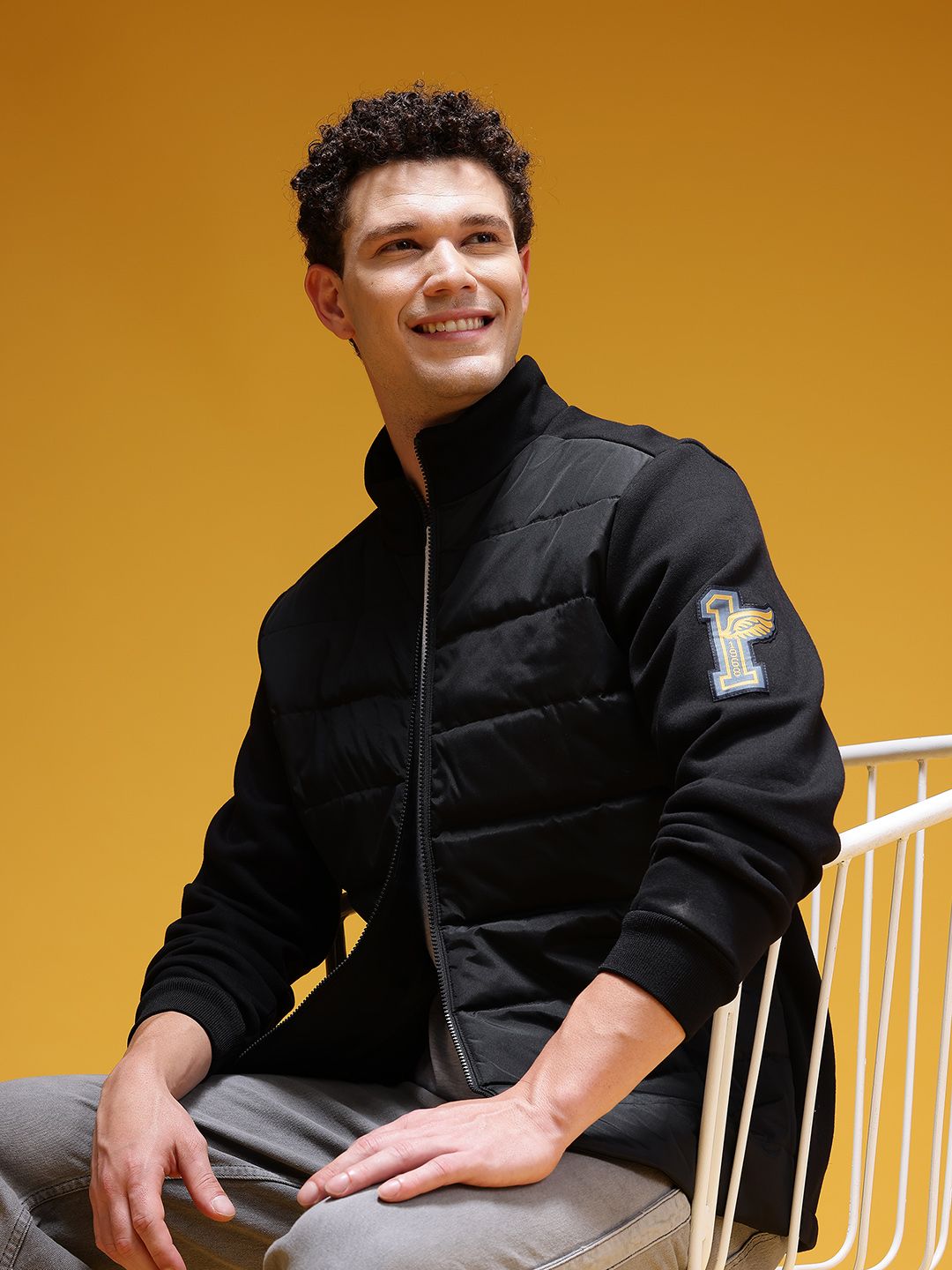 HERE&NOW Mock Collar Padded-Front Tailored Jacket with Patchwork Detail
