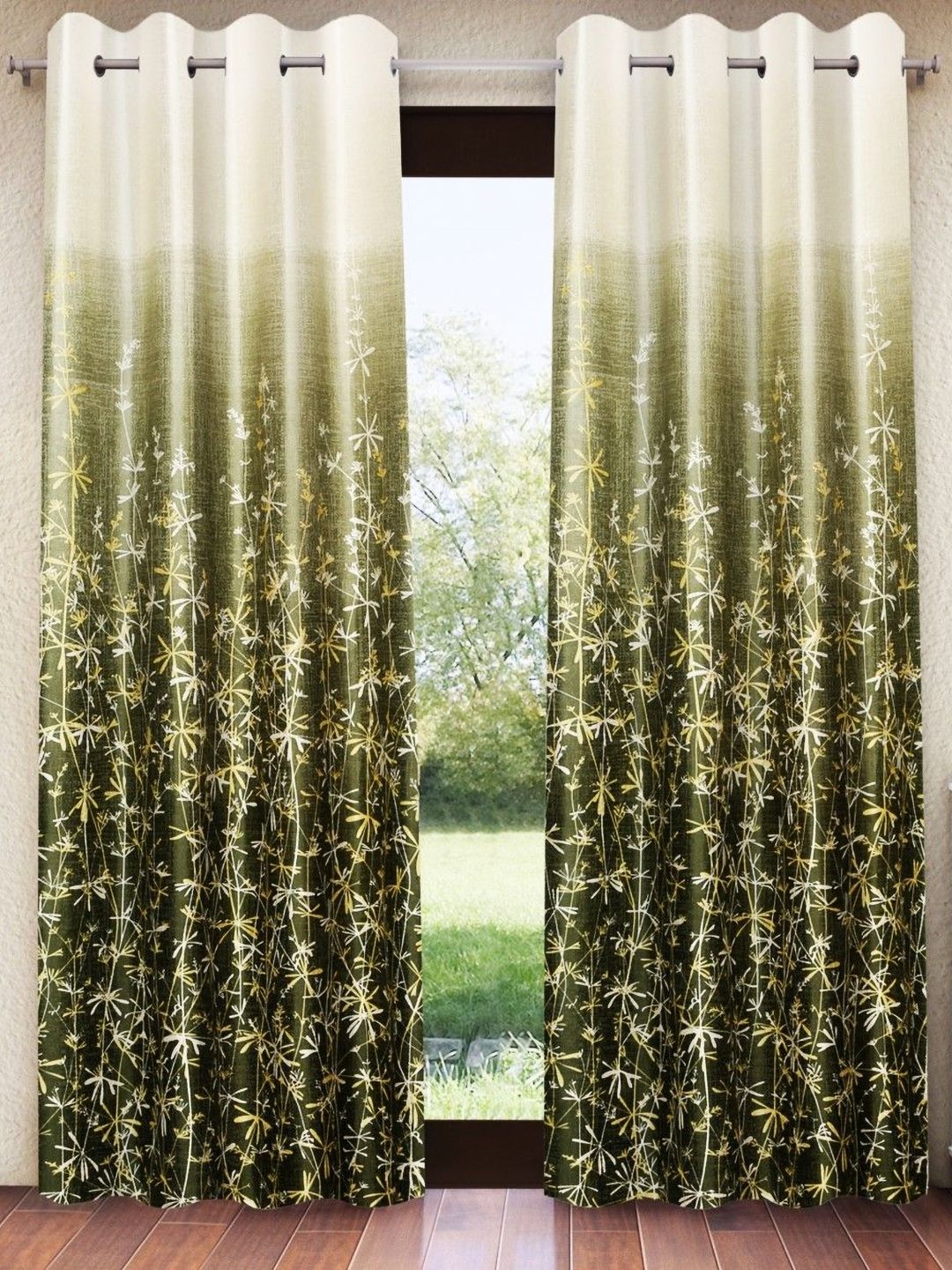 Home Sizzler Home Sizzler Green & Beige 2 Pieces Floral Printed Room Darkening Long Door Curtains