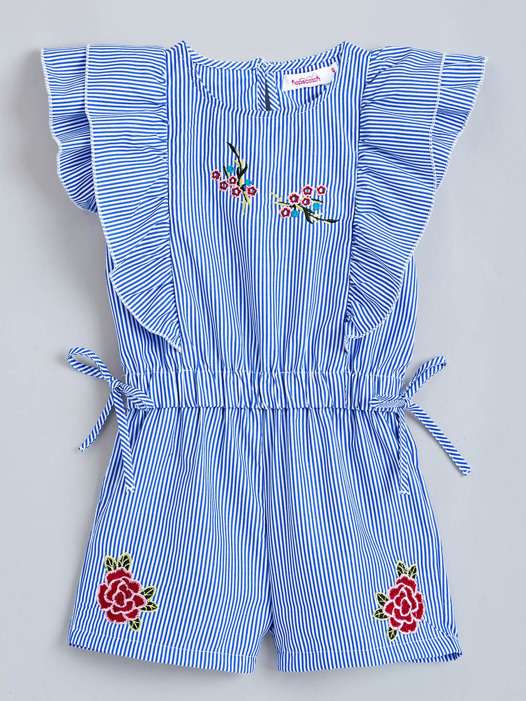 Hopscotch Girls Striped Embroidered Ruffle Accent Jumpsuit