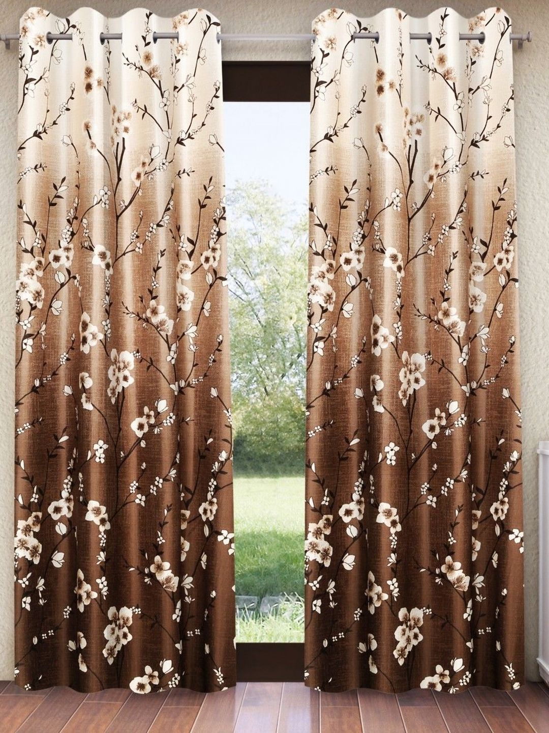 Home Sizzler Home Sizzler Brown & Beige 2 Pieces Floral Printed Room Darkening Long Door Curtains