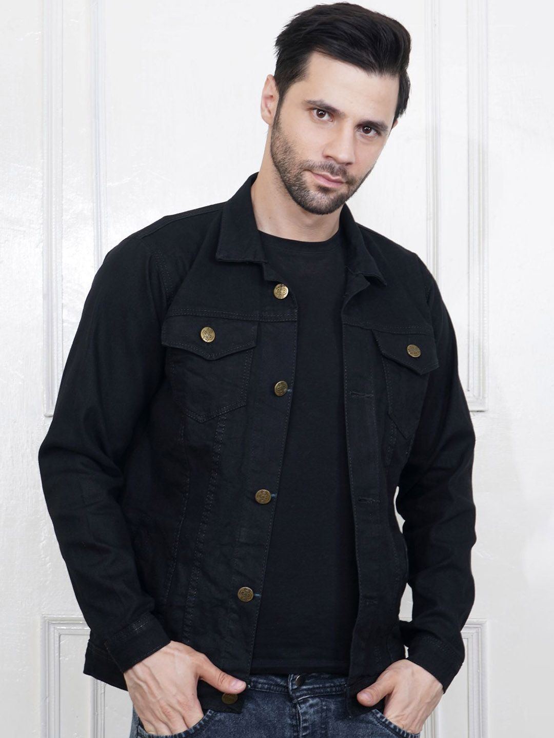 MaverIQ Men Spread Collar Solid Denim Jacket