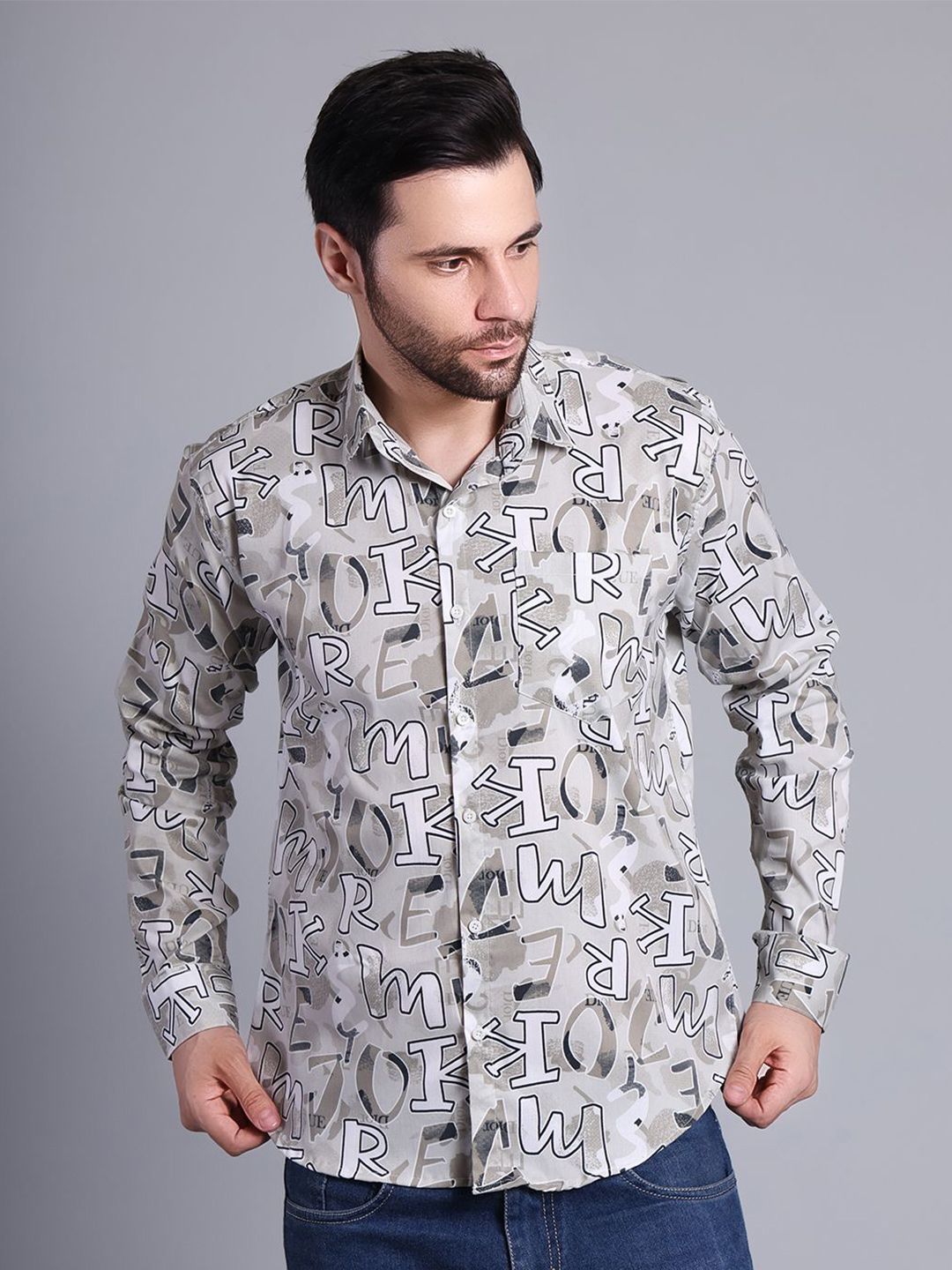 RARE CAMEL RARE CAMEL Typography Printed Spread Collar Slim Fit Shirt