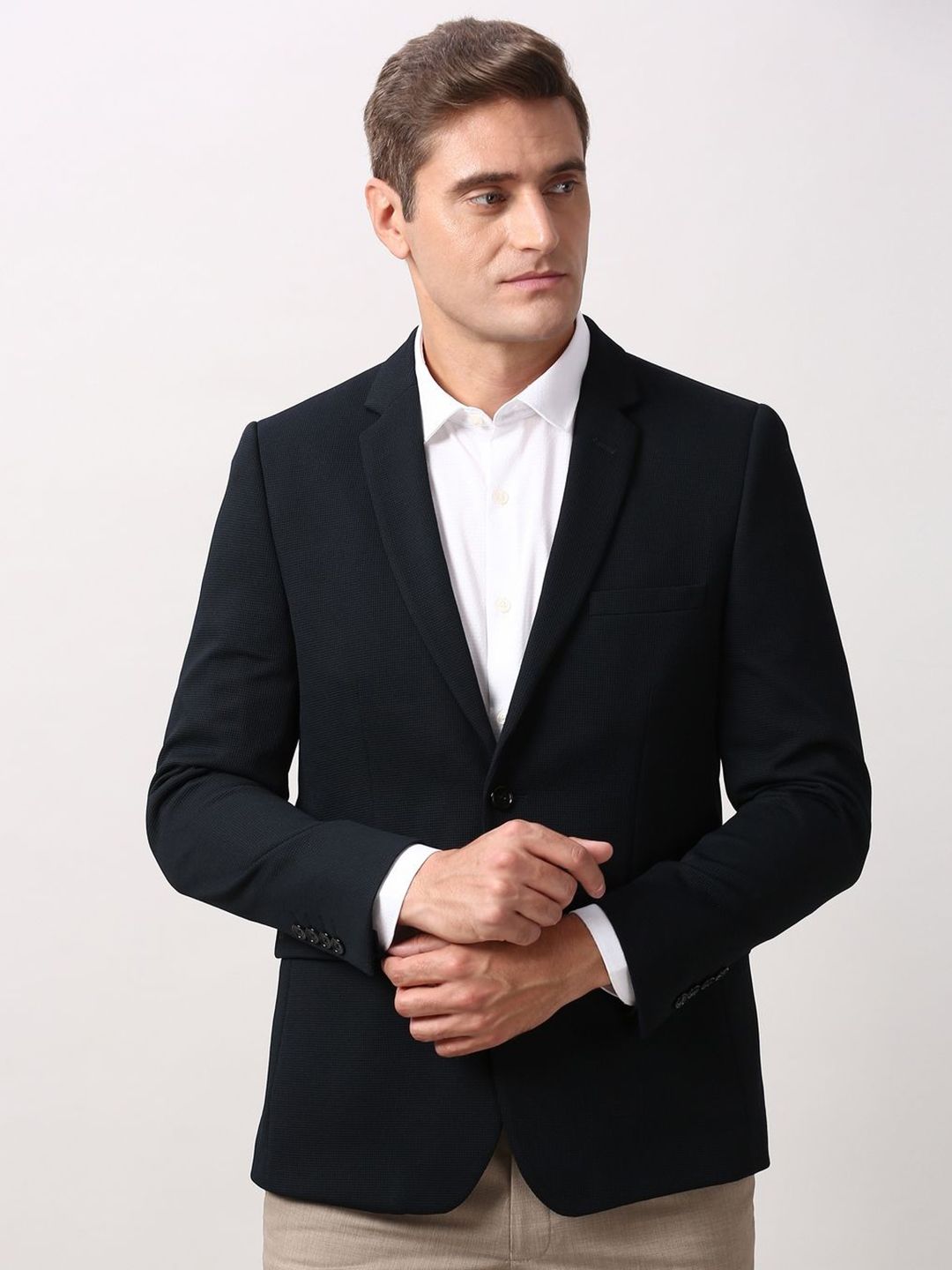 Peter England Elite Men Textured Single-Breasted Formal Blazer