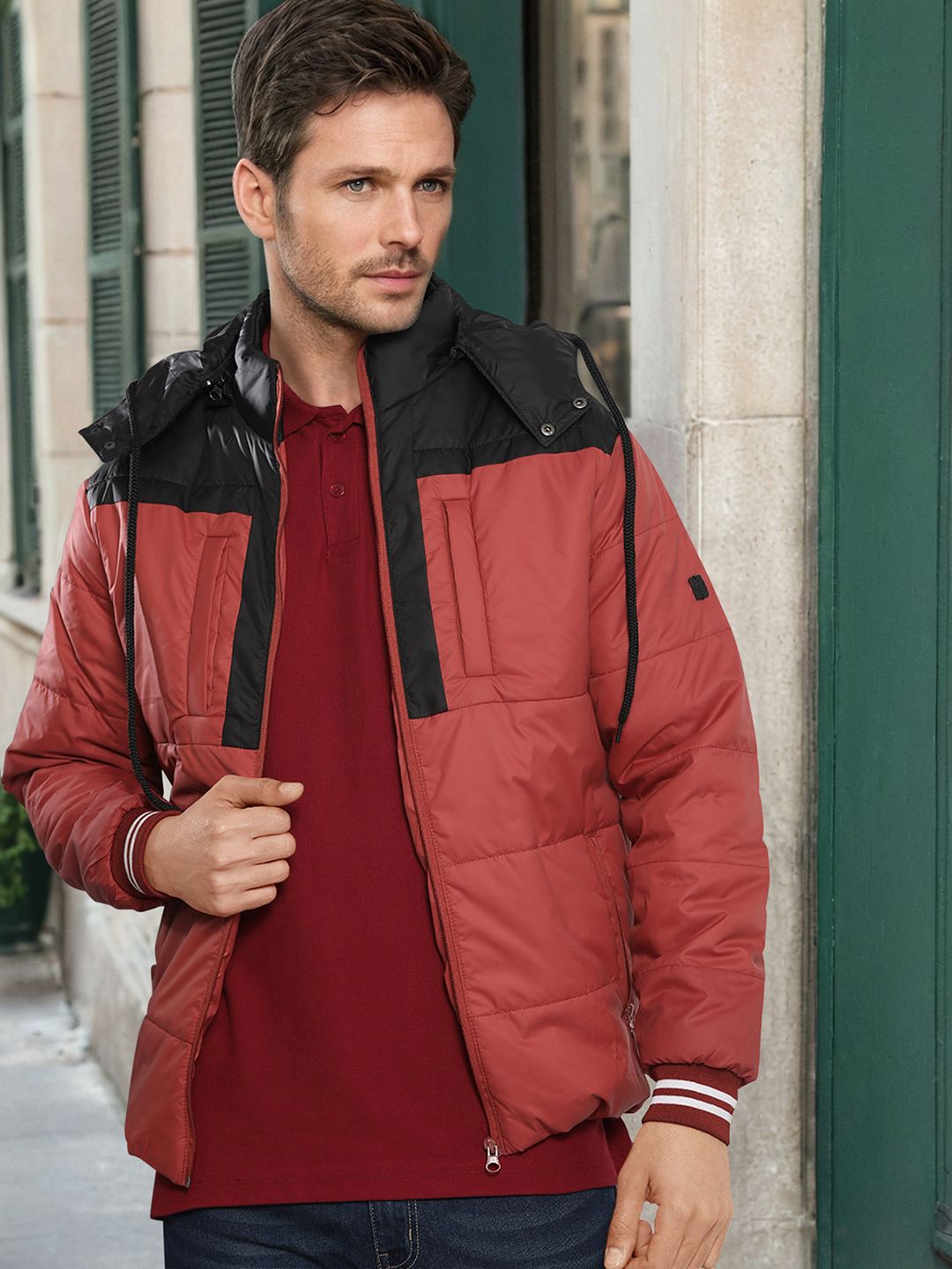 The Indian Garage Co Men Colourblocked Detachable Hood Padded Jacket