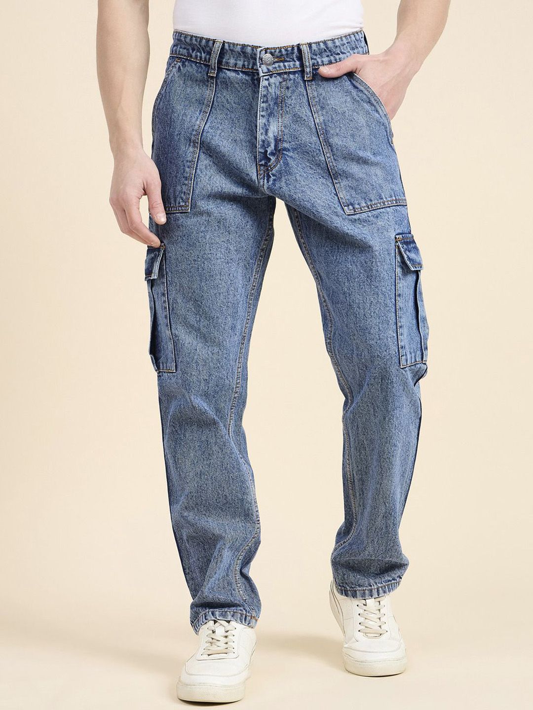 STUDIO NEXX Men Straight Fit Mid-Rise Heavy Fade Cargo Styles Jeans