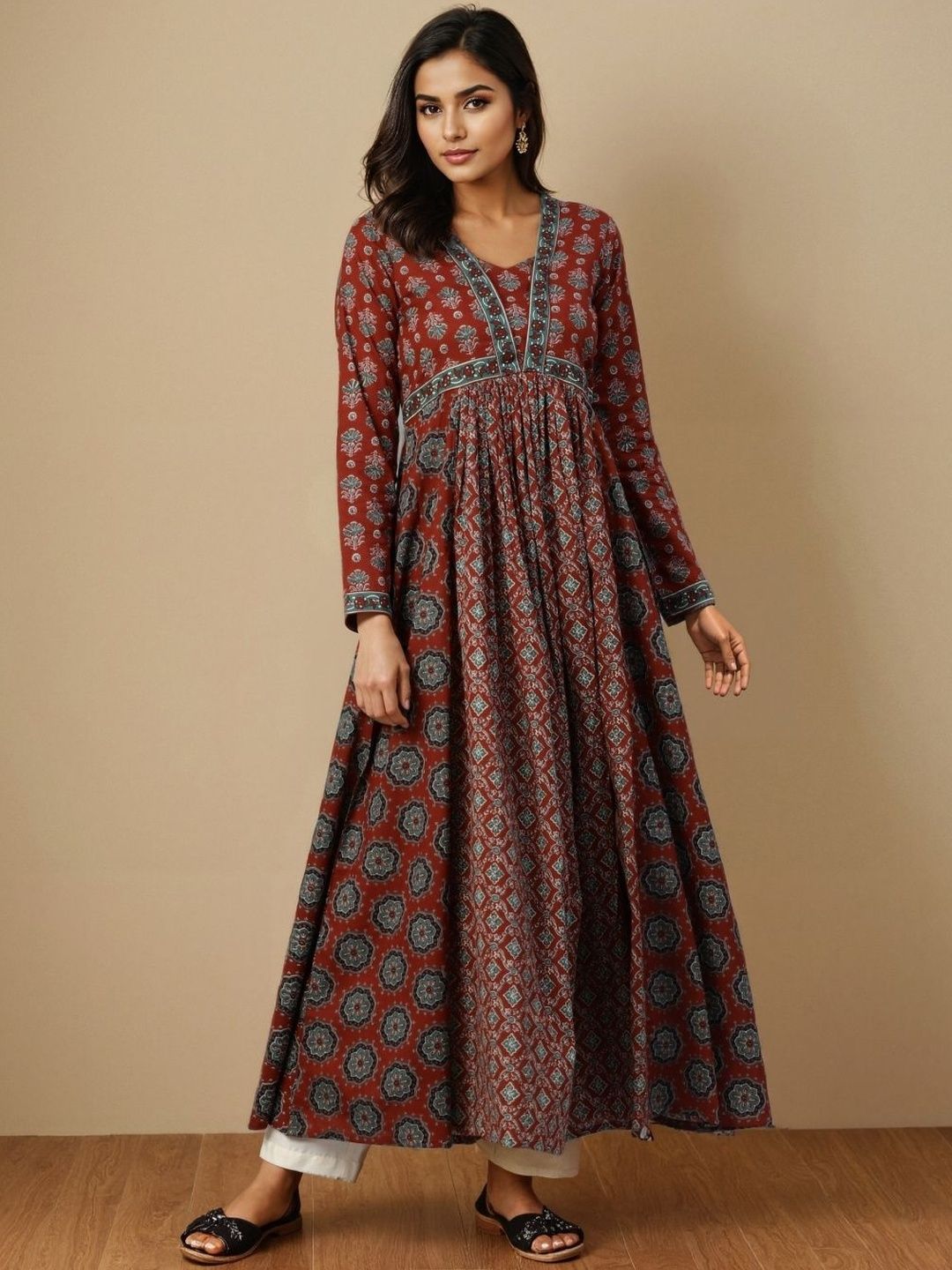 SZN Women Maroon Cotton Floral Print Anarkali Stitched Kurta