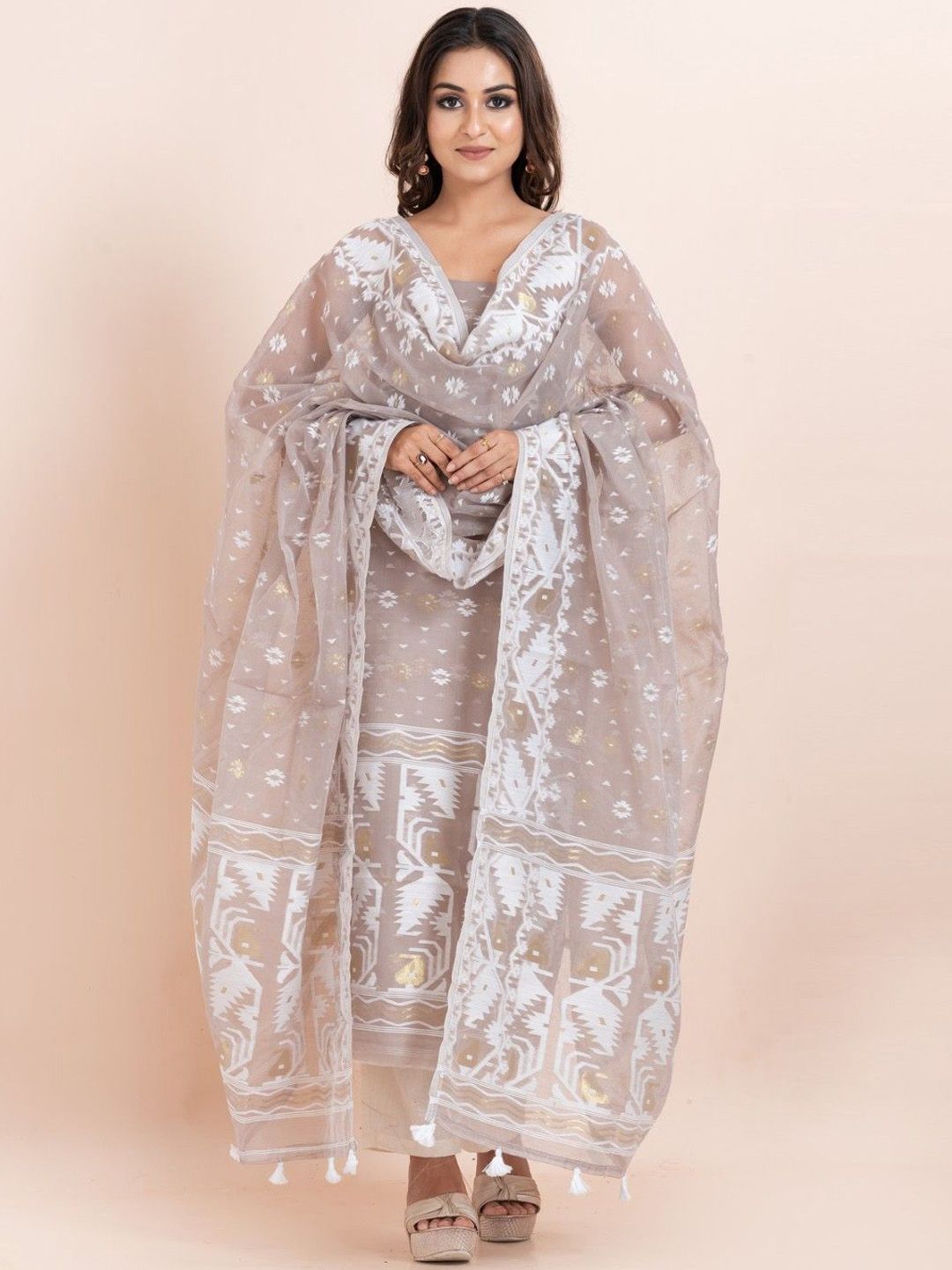 Durga Handlooms Jamdani Unstitched Woven Design Zari Pure Cotton Kurti with Dupatta