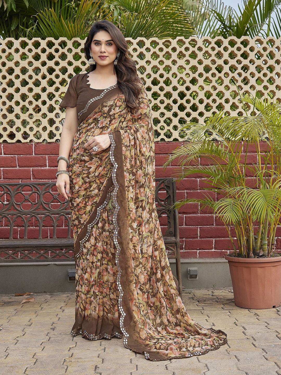 DWIJA FASHION Floral Printed Embroidered Poly Georgette Saree With Blouse Piece