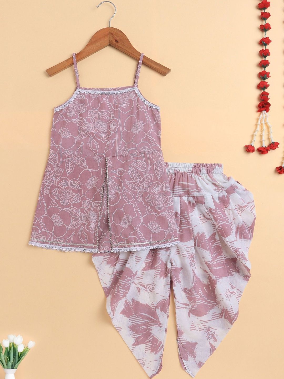 The Magic Wand Girls Floral Printed Regular Pure Cotton Kurta with Dhoti Pants