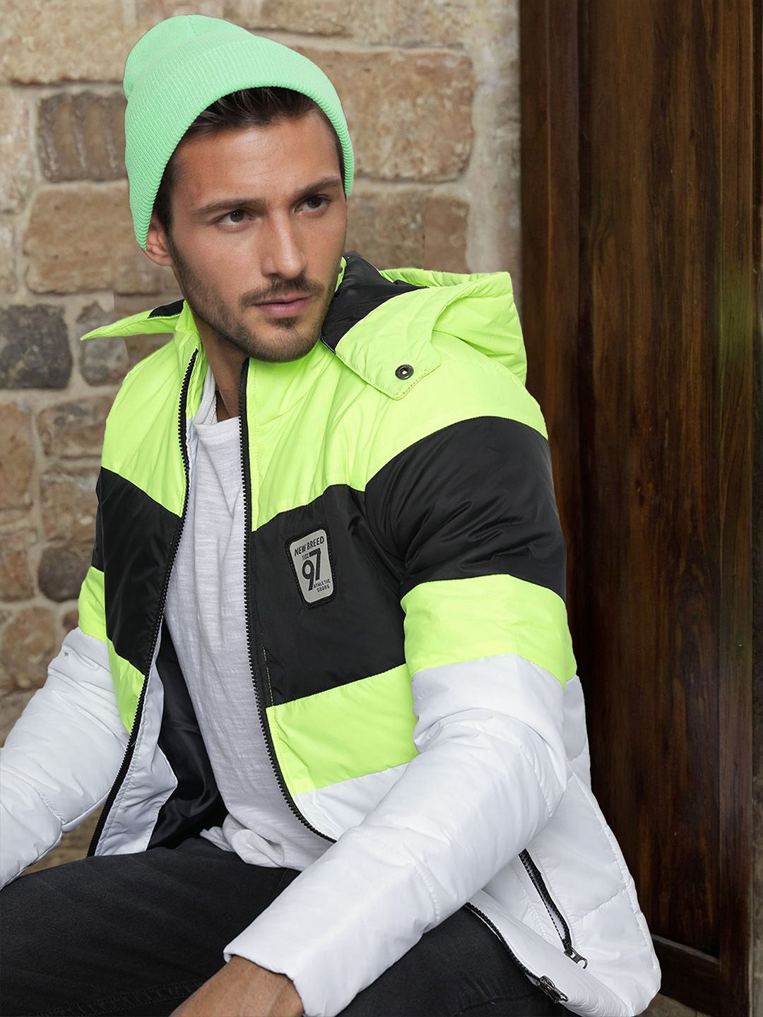 The Indian Garage Co Men Colourblock Slim Fit Puffer Jacket with Detachable Hood