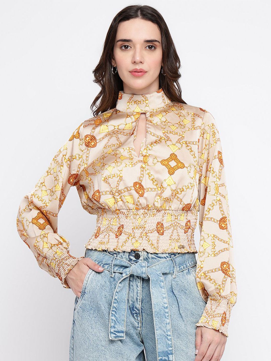 GUESS Printed High Neck Cuffed Sleeves Smocked Pure Cotton Blouson Top