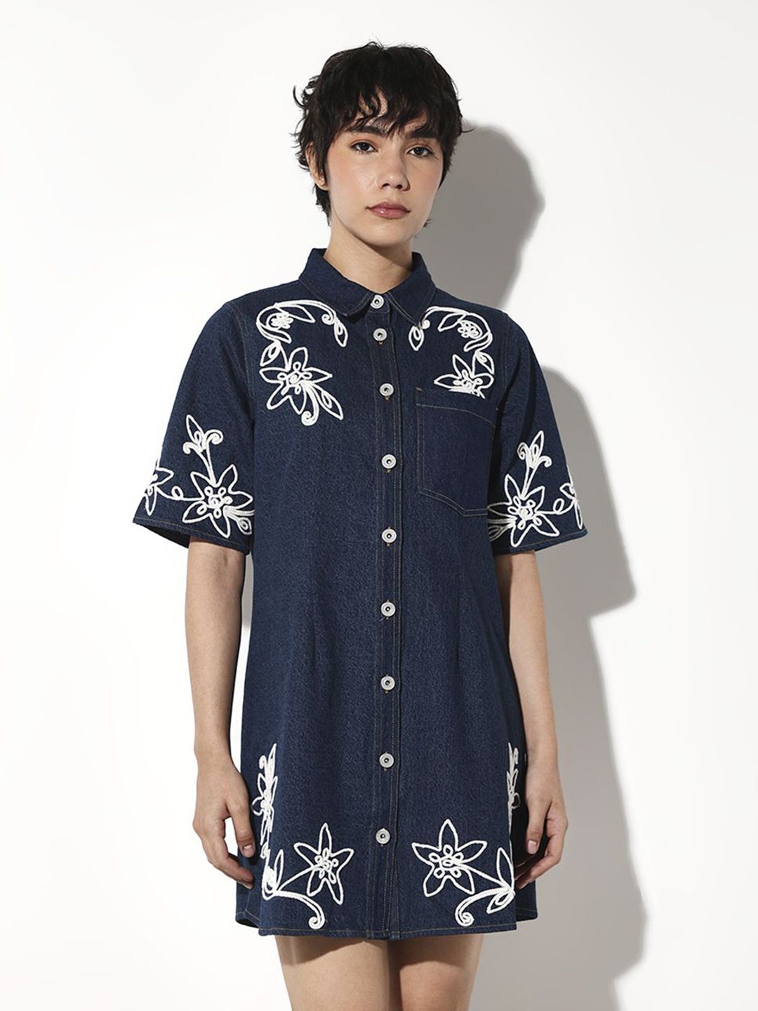 Embroidered Cotton Shirt Mini Dress