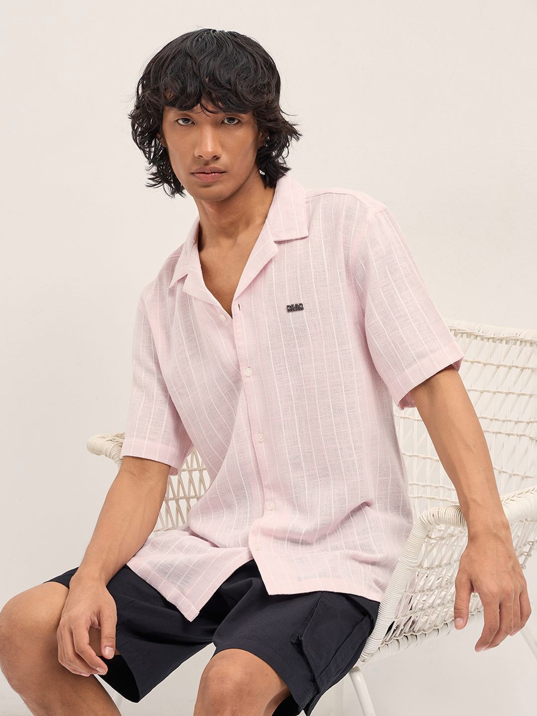 THE BEAR HOUSE Relaxed Fit Vertical Striped Short Sleeves Linen Shirt