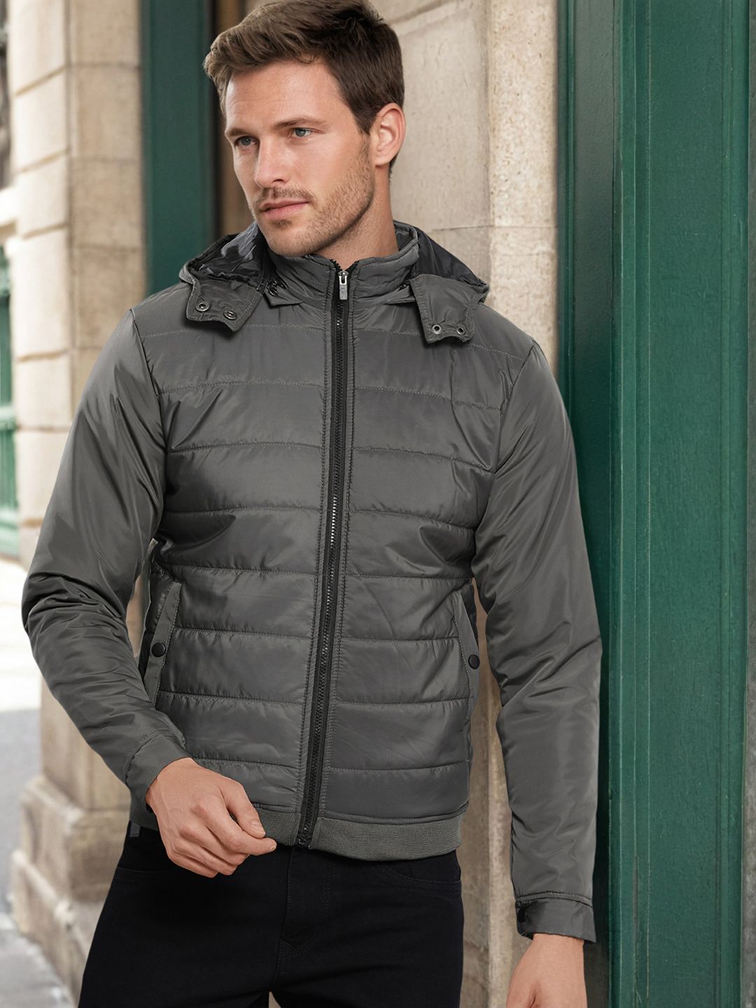 The Indian Garage Co Men Slim Fit Puffer Jacket with Detachable Hood