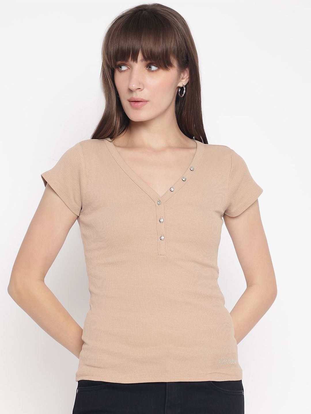 GUESS Women Ribbed V-Neck Cotton Top
