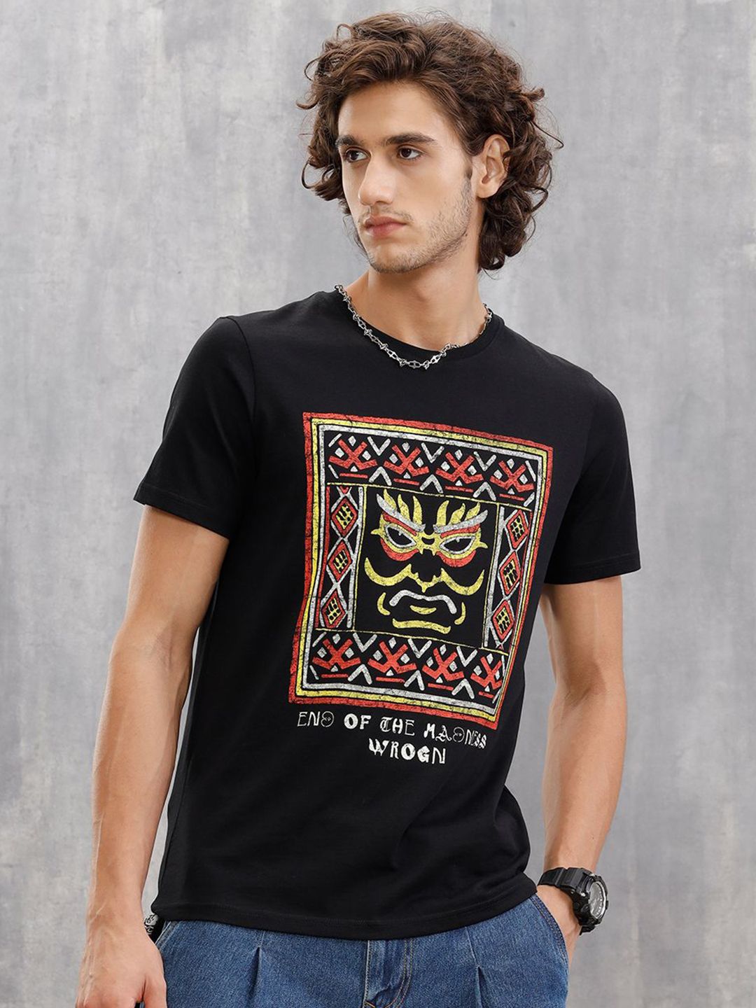 WROGN WROGN Men Graphic Printed Round Neck Cotton Slim Fit T-shirt