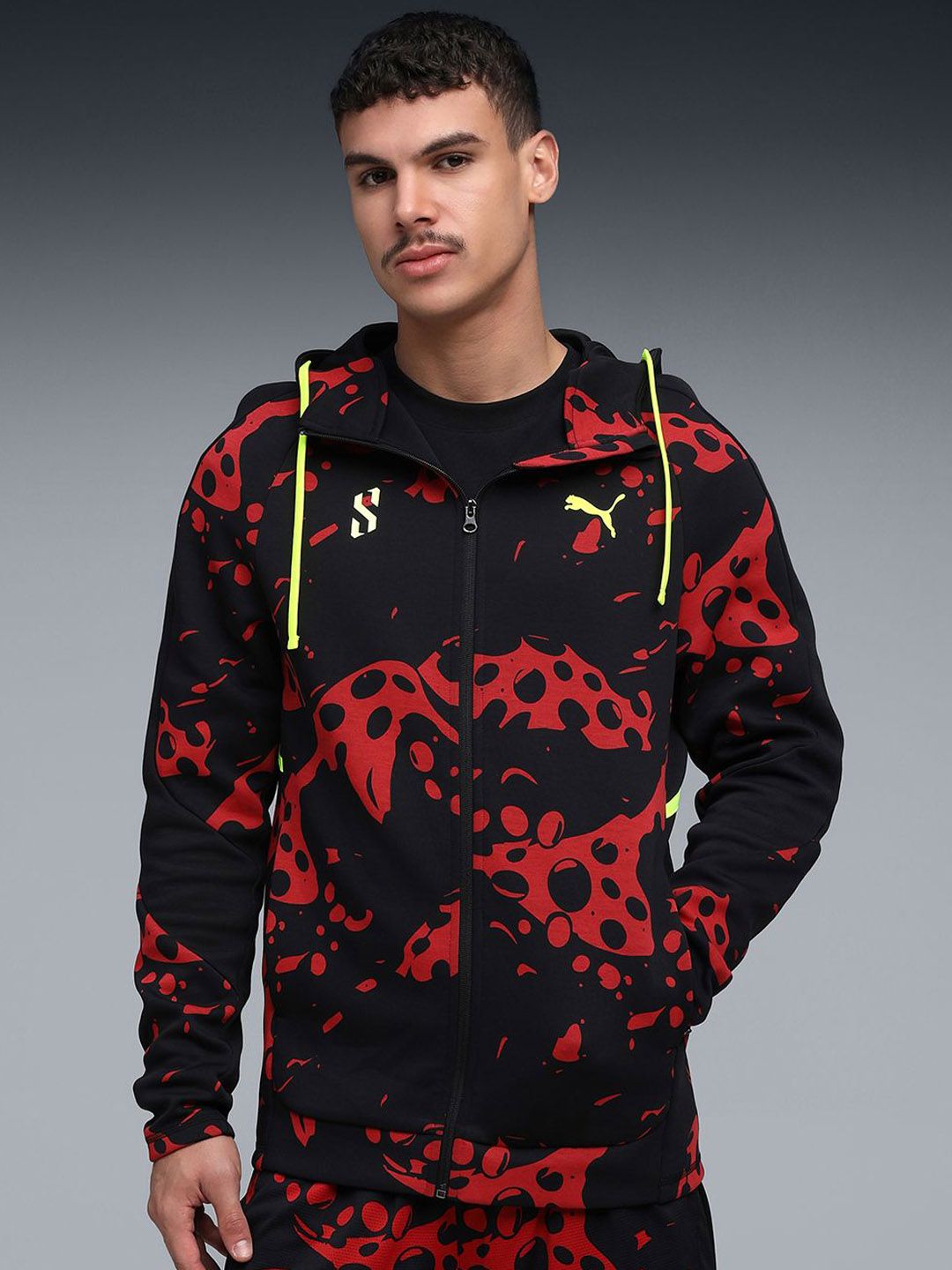 Puma Men Scoot Lab Evo Cross Hooded Slim Fit Abstract Printed Tailored Jacket