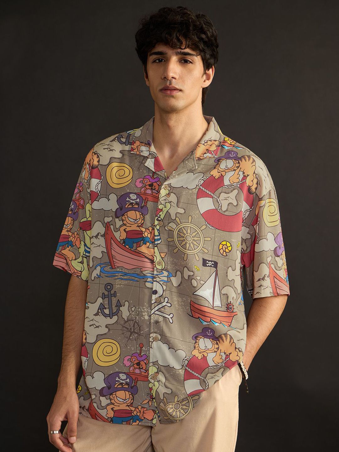 The Souled Store Garfield Men Cuban Collar Printed Rayon Oversized Shirts