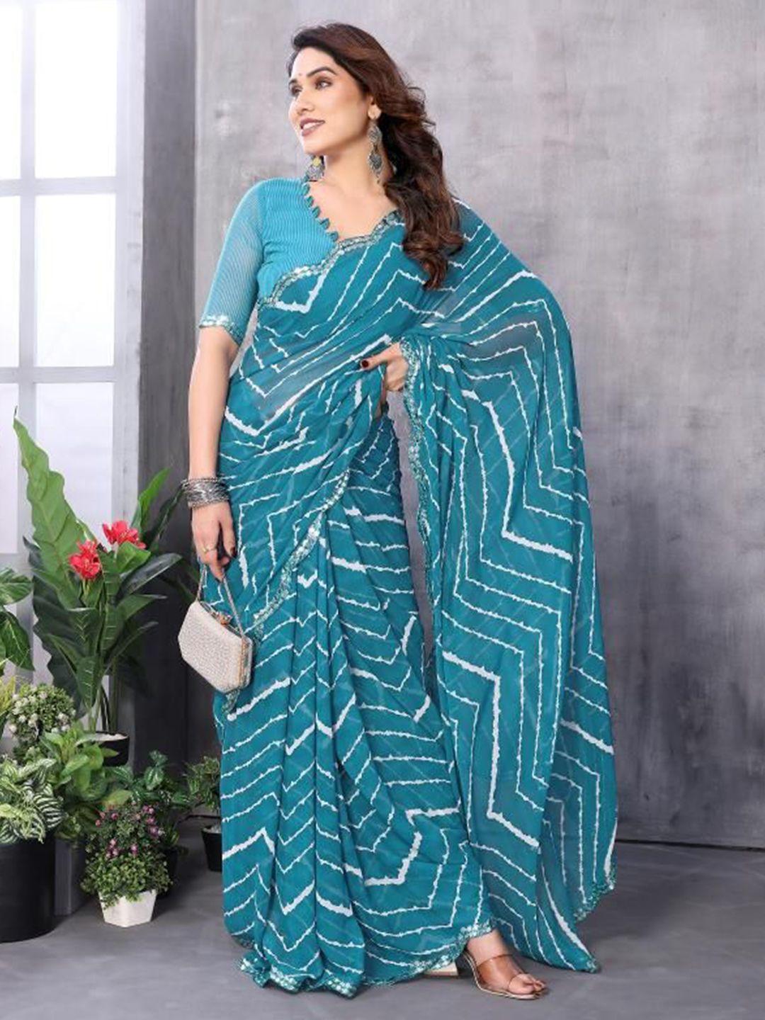 DWIJA FASHION Leheriya Mirror Work Poly Georgette Saree With Blouse Piece
