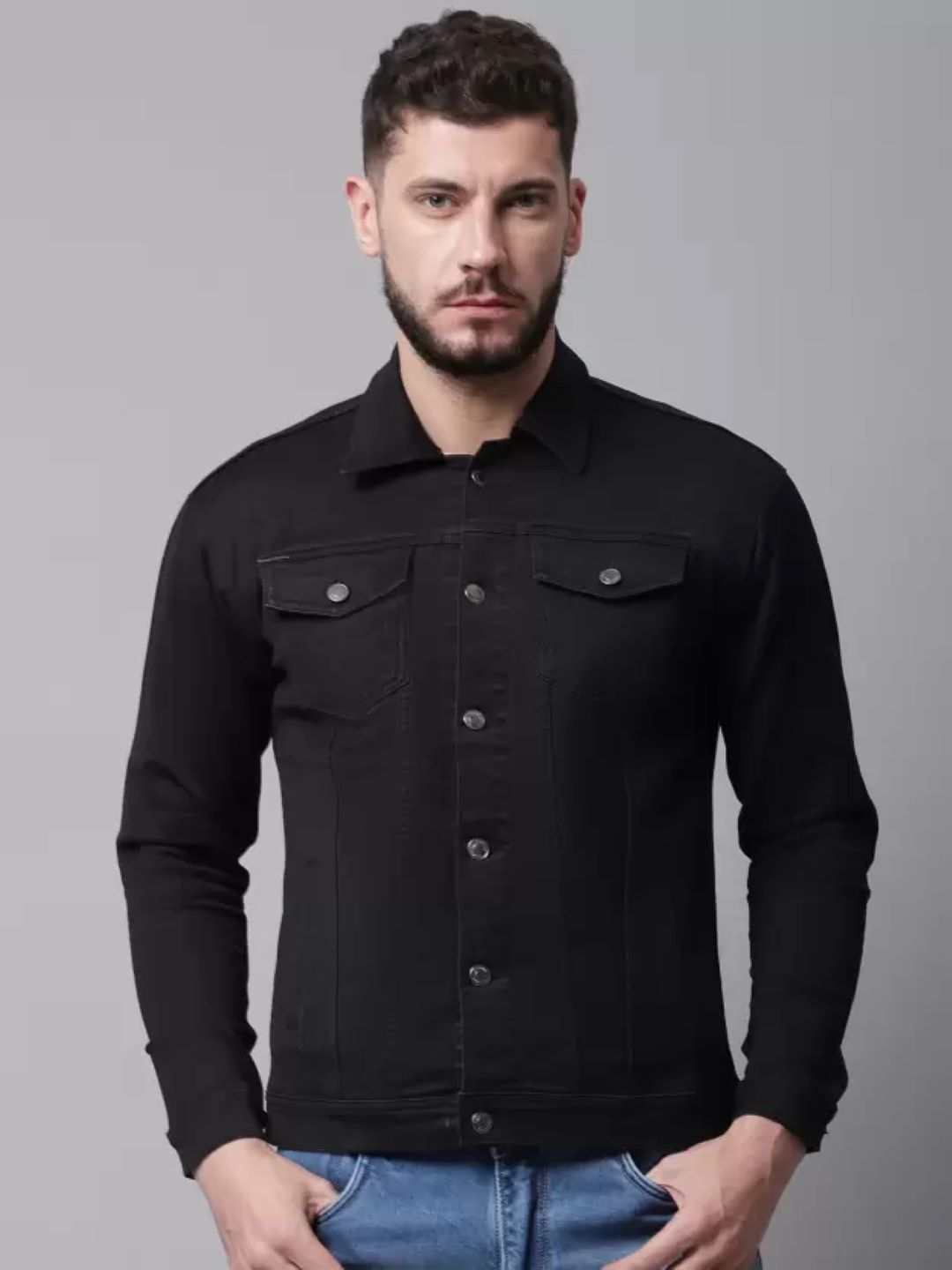MaverIQ Men Spread Collar Solid Denim Jacket