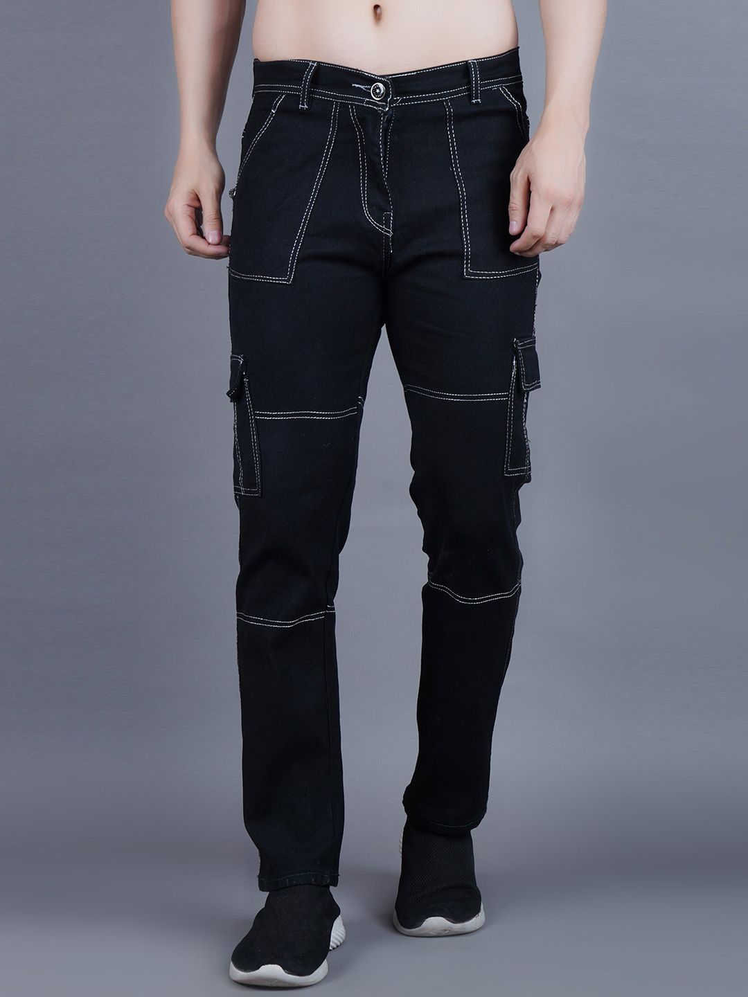 MaverIQ Men Classic Straight Fit Mid-Rise Denim Stretchable Cargo Jeans