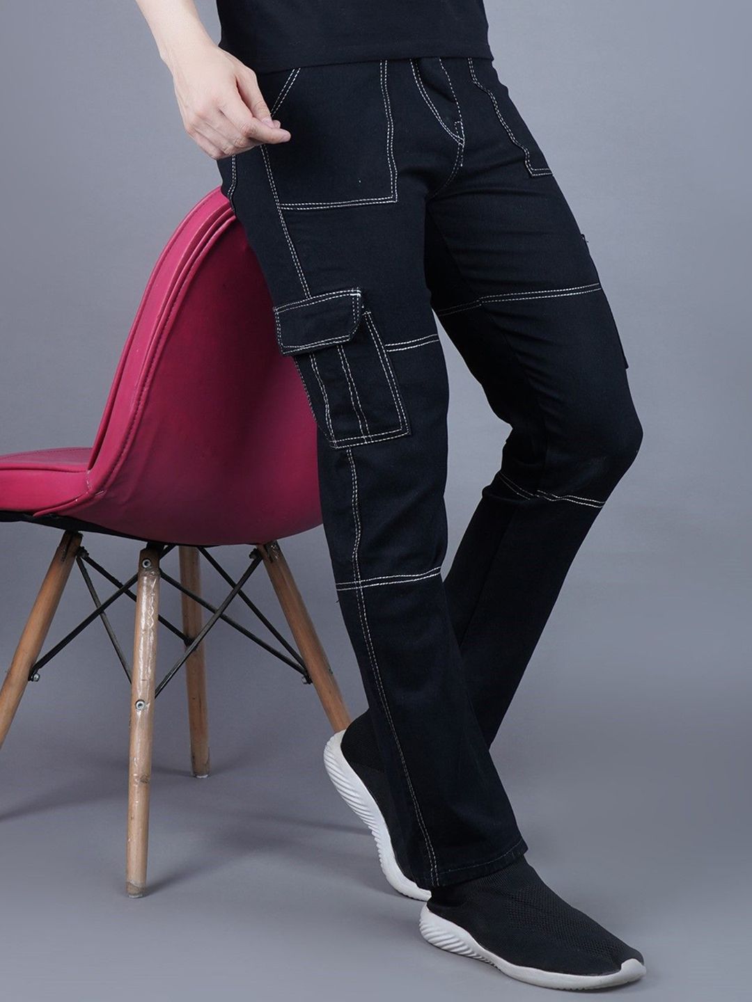 MaverIQ Men Classic Straight Fit Mid-Rise Stretchable Denim Cargo Jeans