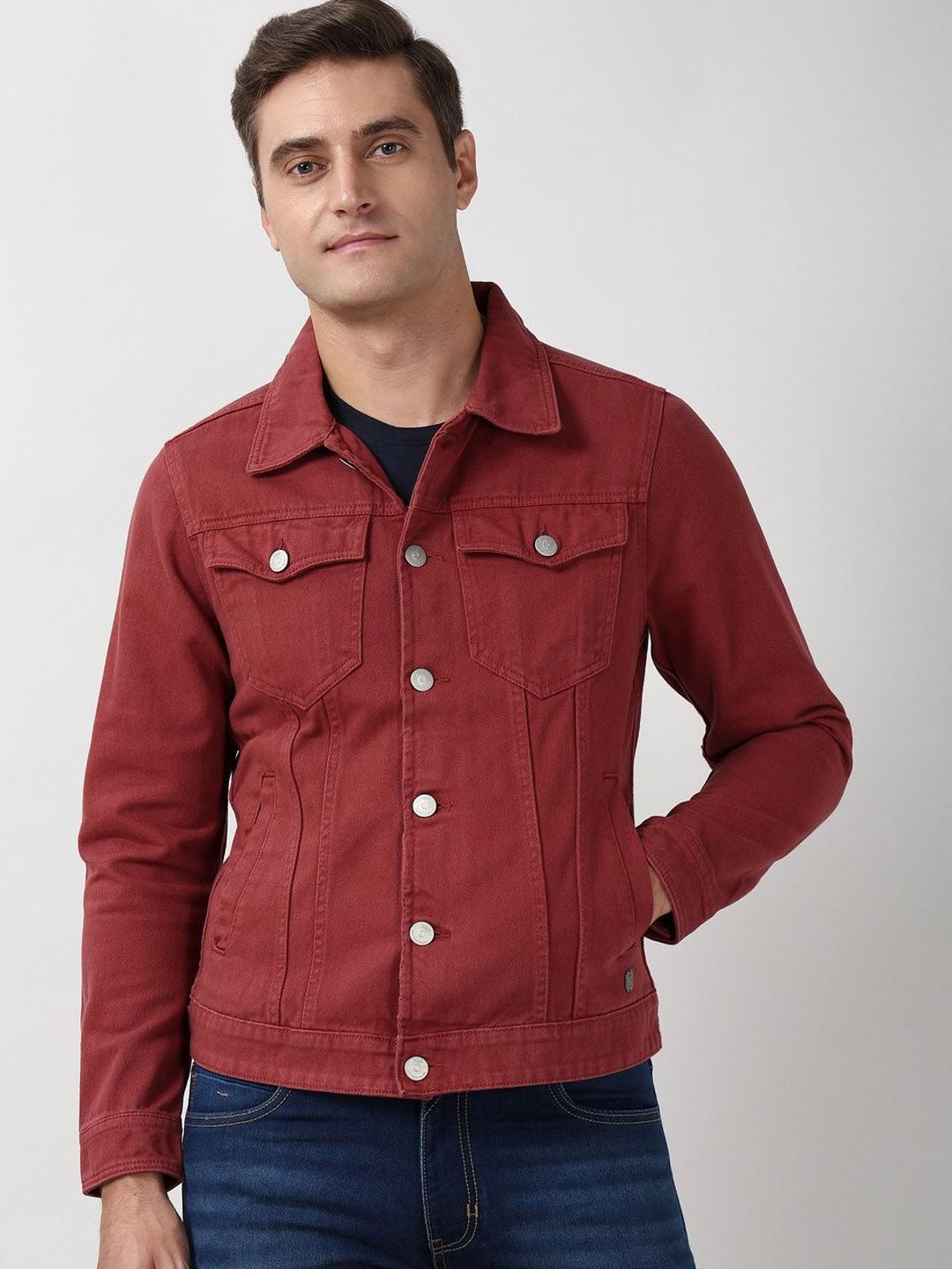 Peter England Casuals Men Spread Collar Solid Denim Jacket