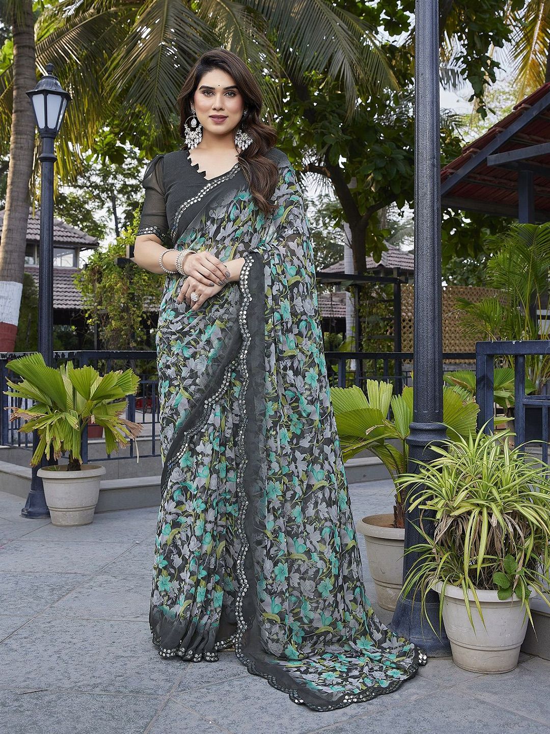 DWIJA FASHION Floral Embellished Poly Georgette Saree With Blouse Piece