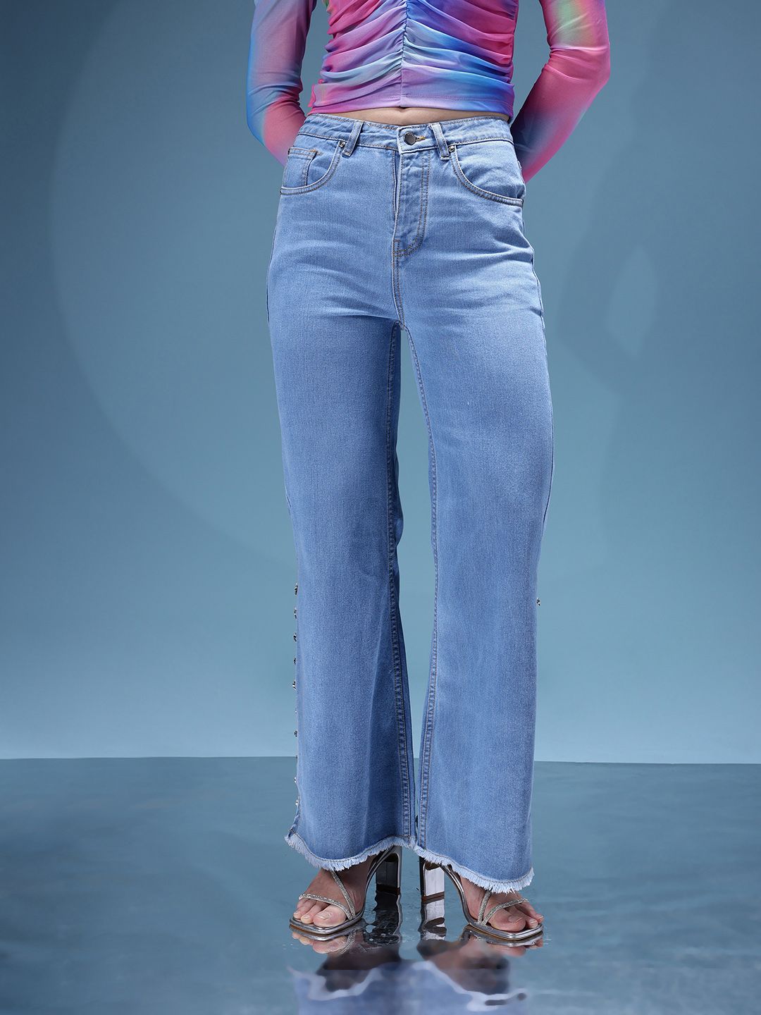 Buy bebe Women Denim Daze Beaded High-Rise Wide Leg Jeans with