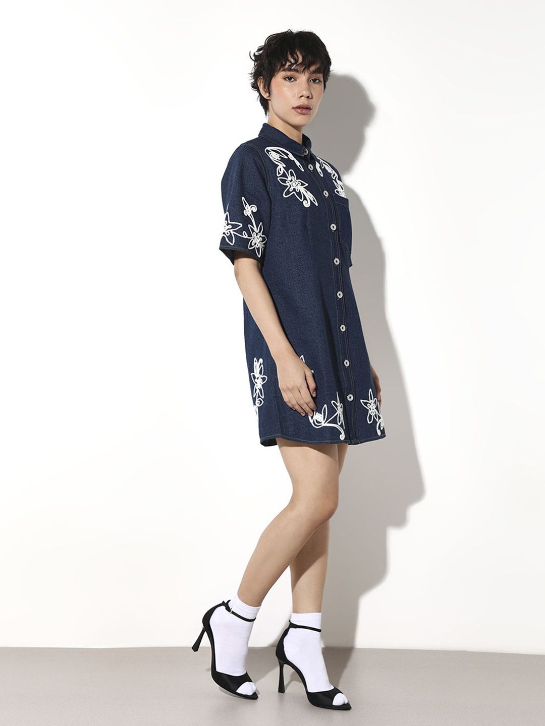 Embroidered Cotton Shirt Mini Dress